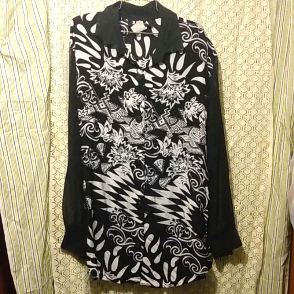 WiLD Wonderful Print 80s Vintage Sheer Long Sleeve Blouse Medium Large 44 Bust..